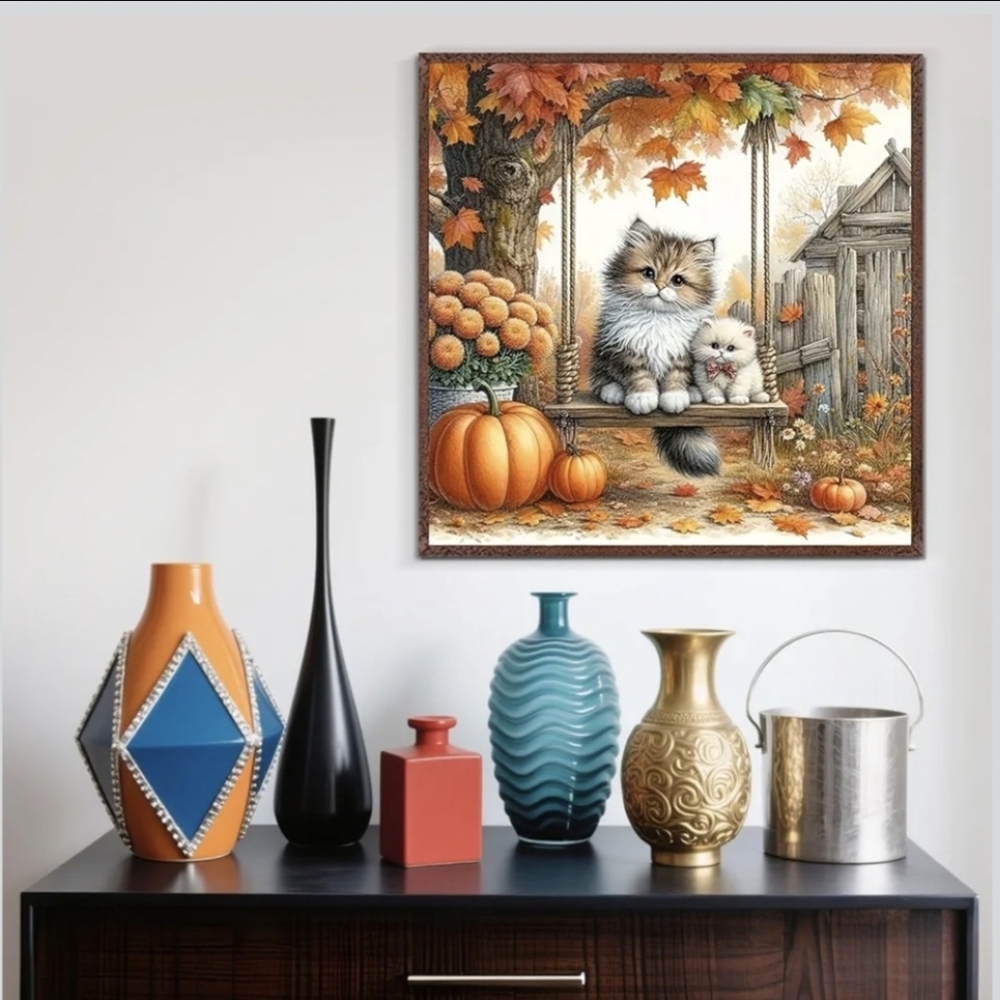 Fall Pumpkin Flowers Leaves Kitty Cats 5D Diamond Painting Kit New - Picture 2 of 7